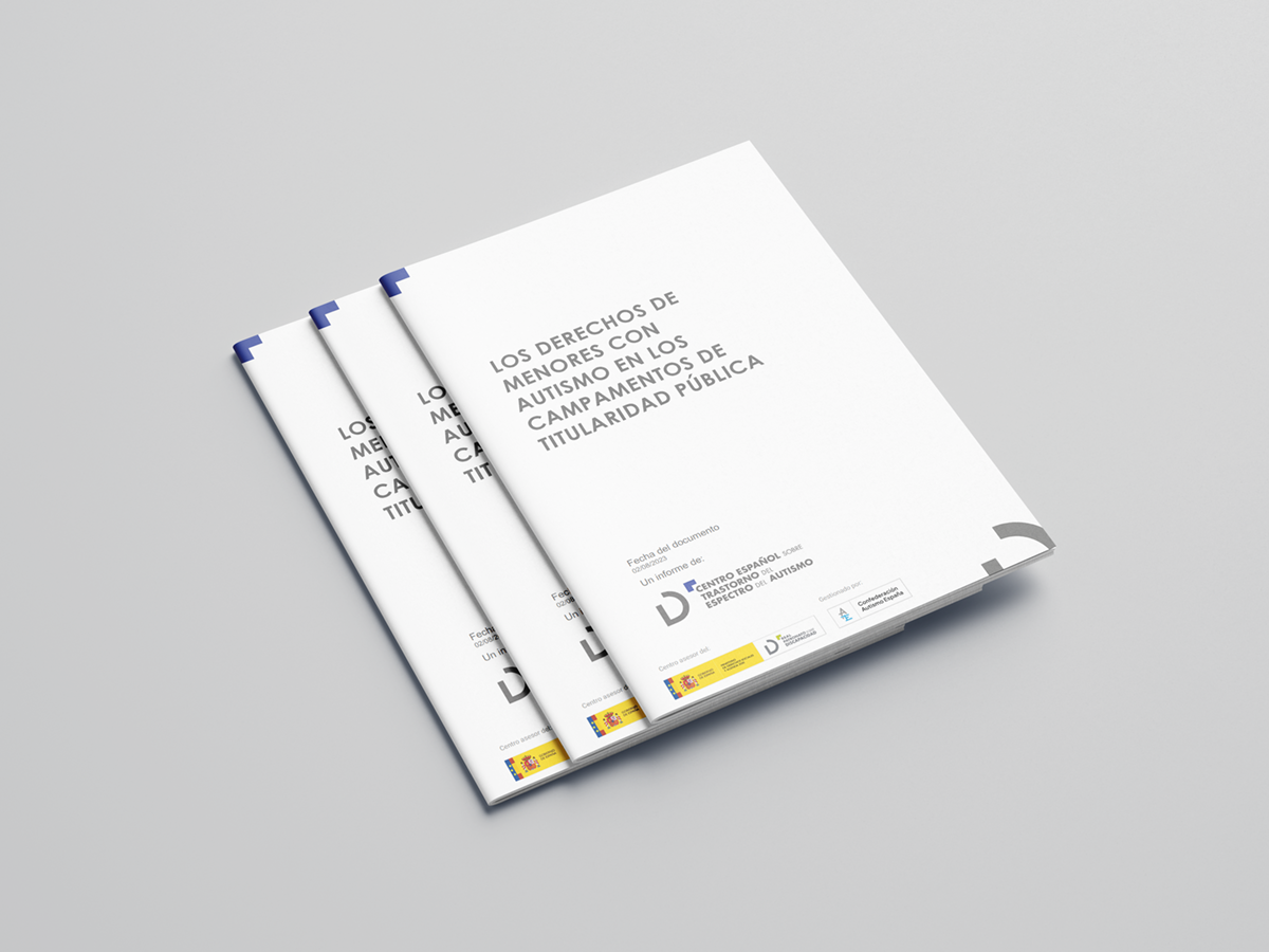 Imagen en la que se ven tres guías superpuestas del Centro Español sobre trastorno del espectro del autismo, con el título 'Los derechos de menores con autismo en los campamentos de titularidad pública'