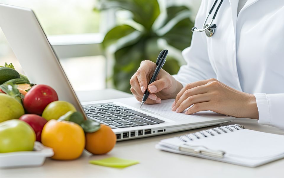 Una persona con bata blanca y fonendo, toma notas en un cuaderno frente a su ordenador portátil. Detrás del portátil, una selección de frutas y verduras.